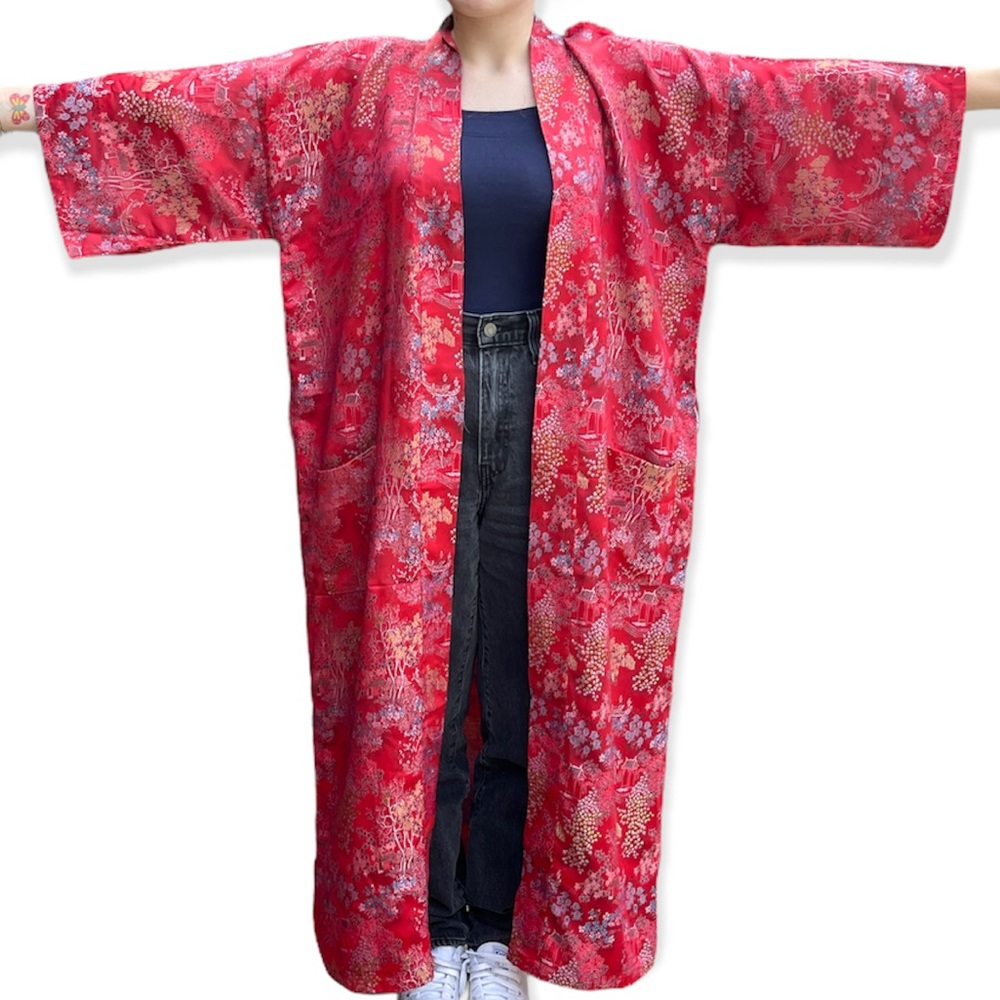 Vintage Esme Kimono Red Cherry Blossom Scenic Robe XL
